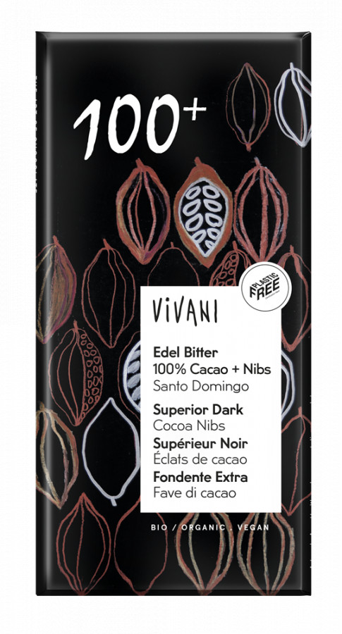 Vivani Organic Vegan Superior Dark 100% With Cocoa Nibs Chocolate 80g - Pack of 5